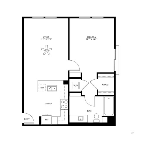Floor plan for 1 bed, 1 bath, 742 sqft